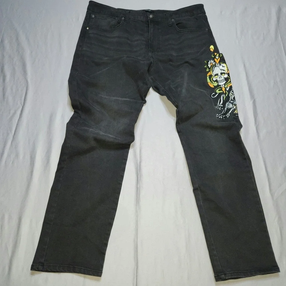 Ed‎ Hardy Mens Black Denim Jeans Embroidered Panther Skull Tattoo Graphic 38x31
